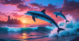 two dolphins swimming out into the ocean with city behind them