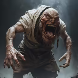 an evil looking man with his mouth open and hands extended