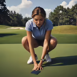 a woman kneeling on a golf putting her hand on the ball
