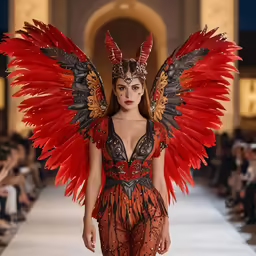 a woman walking down a runway in a dress with a wing design