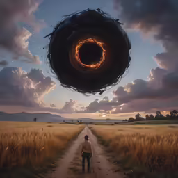a woman walking down a road towards an image of a ring