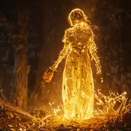 a woman dressed in a costume is walking by a fire