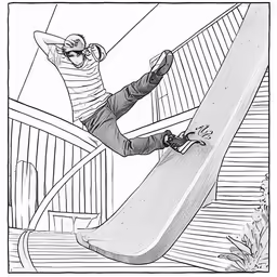 the drawing shows a man on a snowboard going down a ramp