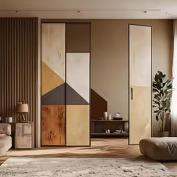 a room is decorated in beiges and browns