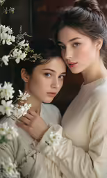 two women embracing each other on a photo shoot