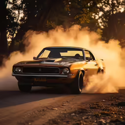 a car is driving through some dirt and trees
