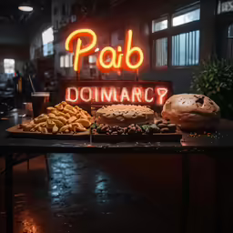 a wooden table topped with sandwiches and other foods