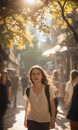 a woman walking down a street holding a backpack