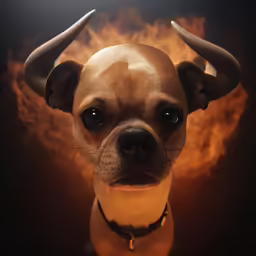 a small dog has big horns on its head