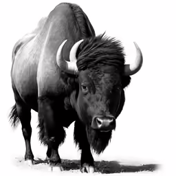 a large bison with large curved horns is standing alone