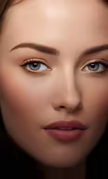 a woman with blue eyes is wearing red lipstick