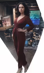 an attractive woman wearing a red dress standing in front of a television