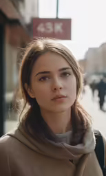 young woman standing on a sidewalk in the city