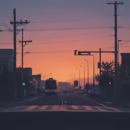 an intersection with several traffic lights and a bus at dusk