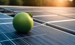a close up of a green apple on the ground