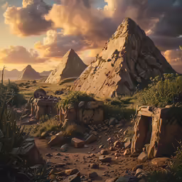 some rocks and bushes near many large mountains
