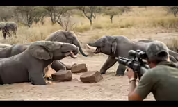 some elephants are in a field with a photographer