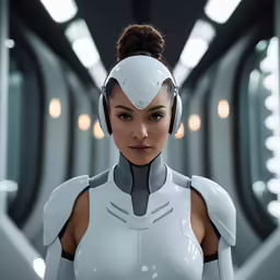 an animation woman in white with headphones and a spaceship background
