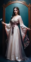 a woman with long hair wearing a long dress