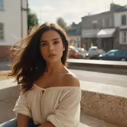 a woman is sitting down near the street