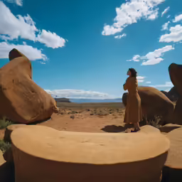 a woman is posing in front of some big rocks