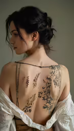 a woman wearing an old fashion dress, back with tattoos