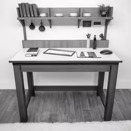 black and white photo of desk with shelves