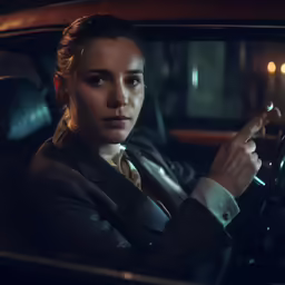 a woman driving a car at night, looking sad