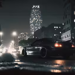 a black car parked on a wet city street