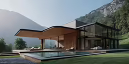 this modern house has a large swimming pool
