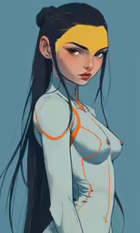 a young woman with an orange and yellow breast
