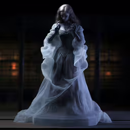a figure dressed up in an elaborate white dress,a ghost with black hands in her hands standing on a table