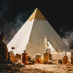 a person sitting in front of a big pyramid