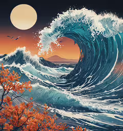 an image of an ocean painting with the sun in the background,an image of a painting of waves and birds