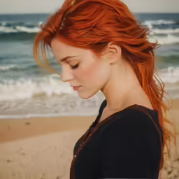 a woman looking over her shoulder as she stands on the beach