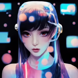an animated girl with earbuds looking at a screen
