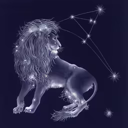 the leo zodiac is depicted with stars in the night sky,a blue lit illustration of a lion holding the starr sign