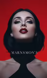 a woman with red lipstick on her face and black dress