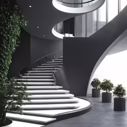 staircase between two black walls and some plant pots