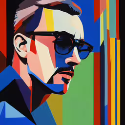 man with glasses and a black jacket in front of multi - colored lines,a photo of a man with glasses painted on a colorful wall