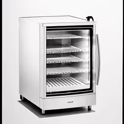 an empty glass door mini fridge on a white background