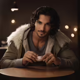 a man is sitting at a table with his cup in hand
