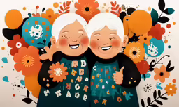 an elderly couple hugging under a large floral border