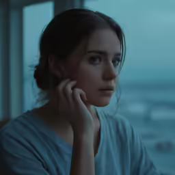 a close up of a person sitting next to windows
