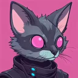 a gray cat with pink eyes and a black outfit