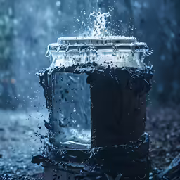 an open can on the ground with a lot of water splashing from the top of it