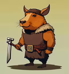 a bear with a viking costume holding a knife,a cartoon character is holding an animal like item