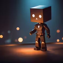an iron man robot toy standing on a wooden floor