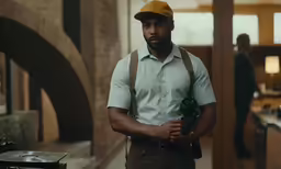 a man with an apron and cap, wearing suspenders and a baseball cap stands in a room filled with artifacts