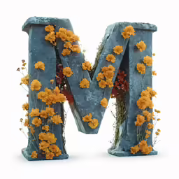 a large letter made out of cement with flowers on top